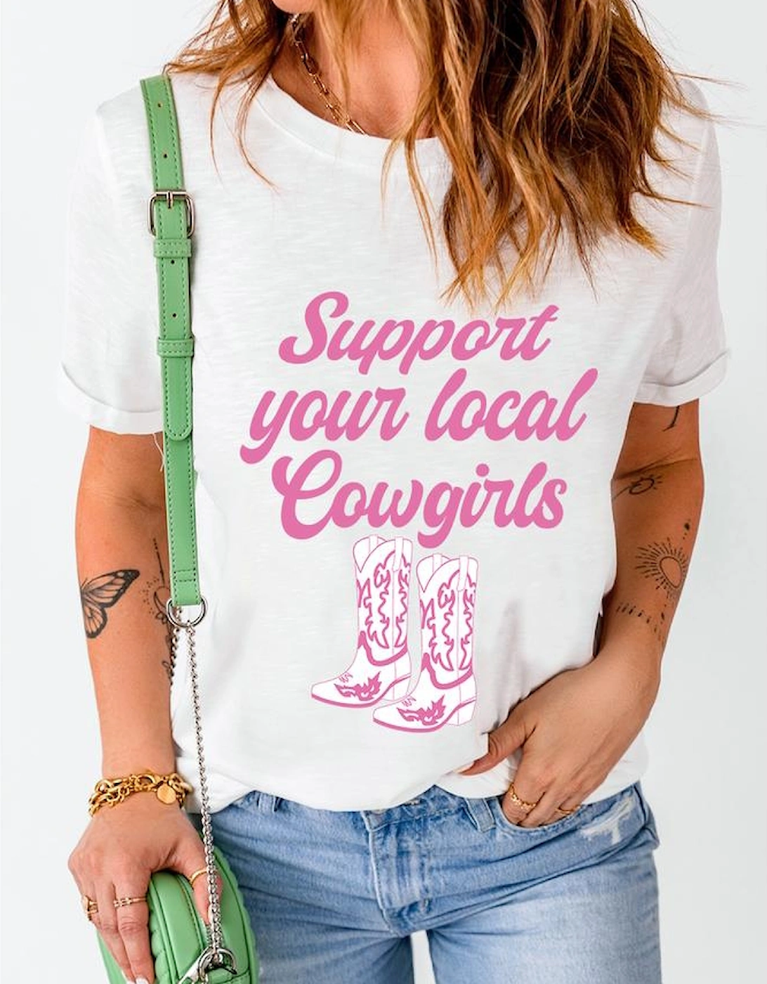 White Support Your Local Cowgirls Boots Print Crewneck Tee