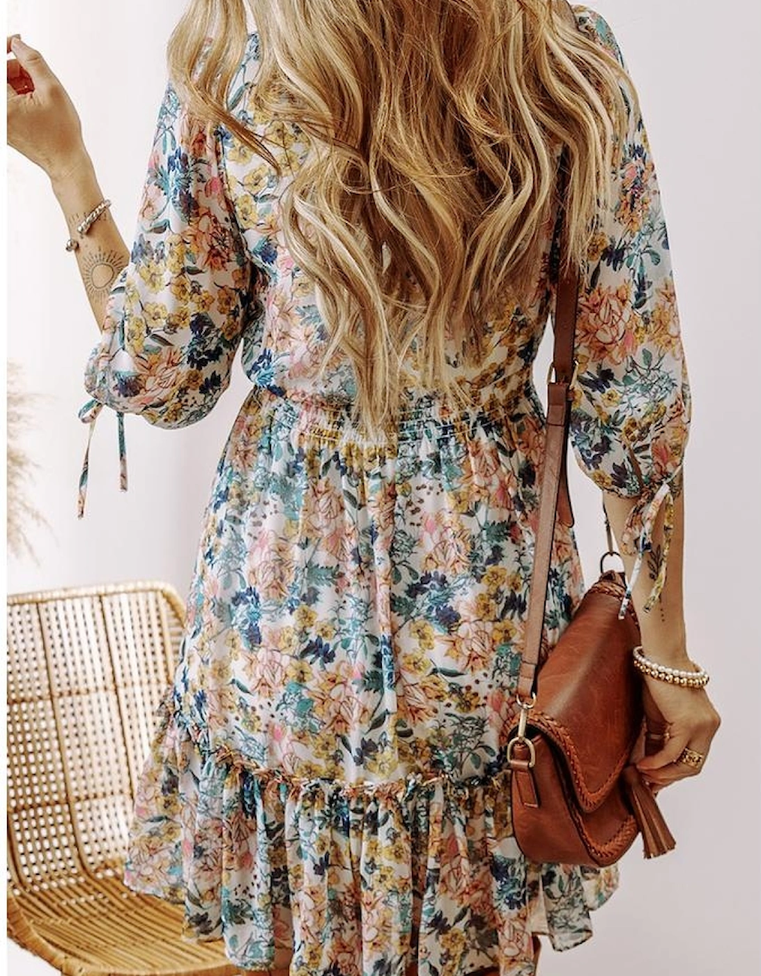 Sky Blue Floral 3/4 Sleeve V Neck High Waist Ruffled Dress