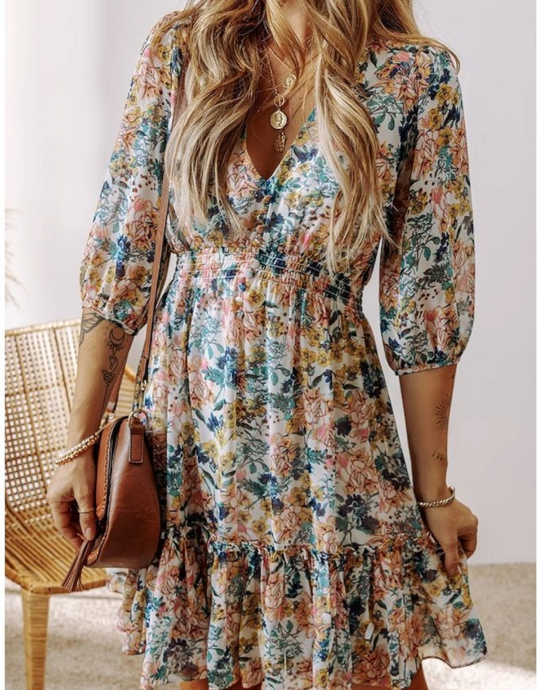 Sky Blue Floral 3/4 Sleeve V Neck High Waist Ruffled Dress
