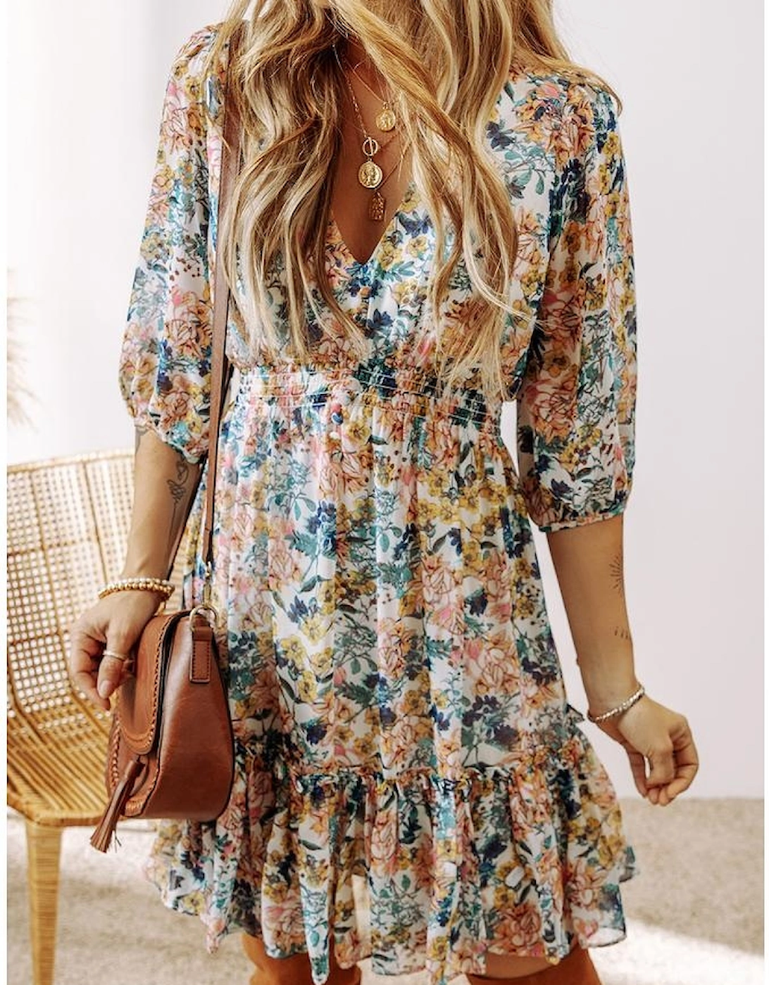 Sky Blue Floral 3/4 Sleeve V Neck High Waist Ruffled Dress