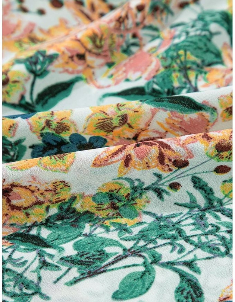 Sky Blue Floral 3/4 Sleeve V Neck High Waist Ruffled Dress