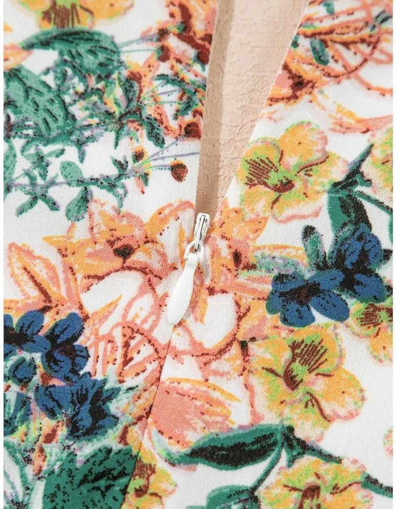 Sky Blue Floral 3/4 Sleeve V Neck High Waist Ruffled Dress