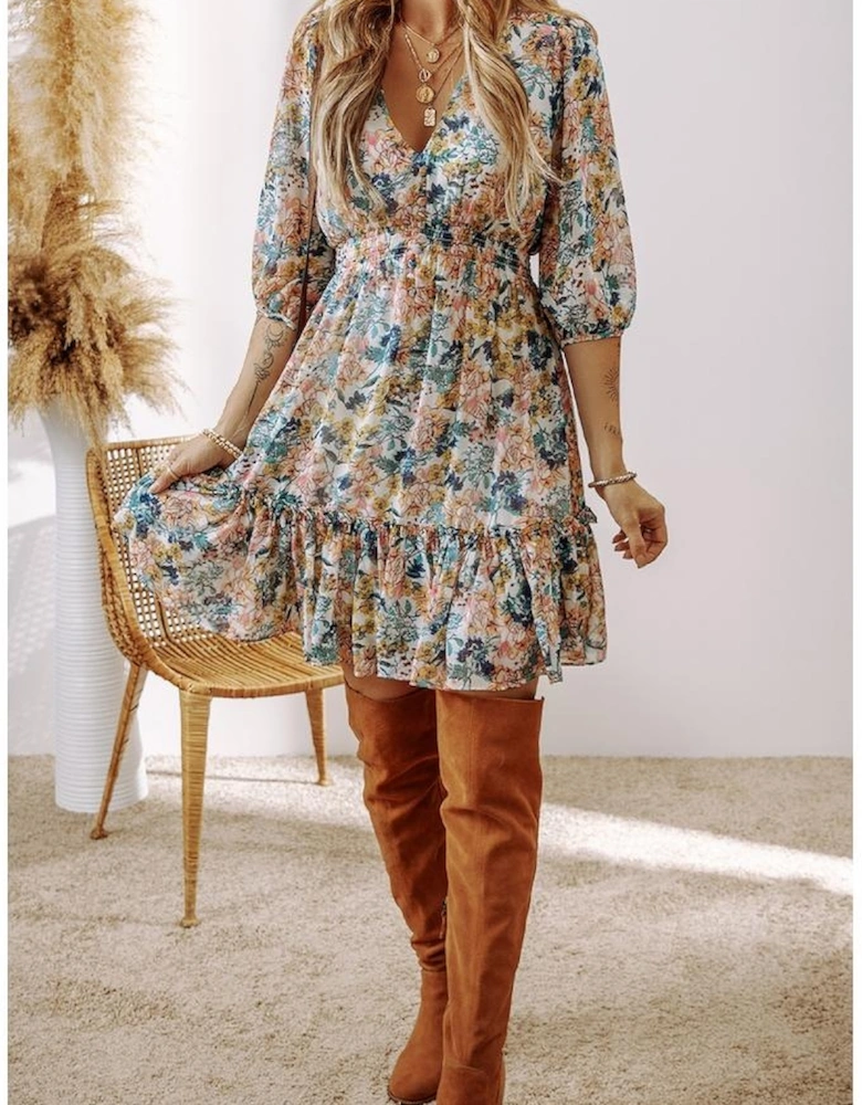 Sky Blue Floral 3/4 Sleeve V Neck High Waist Ruffled Dress