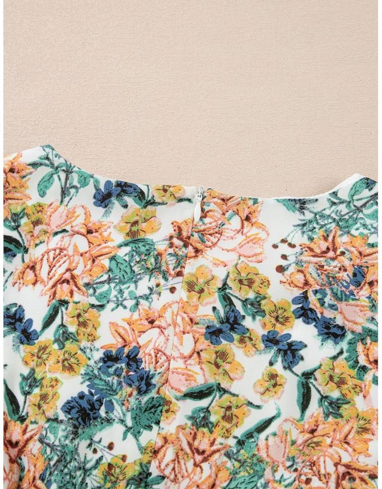 Sky Blue Floral 3/4 Sleeve V Neck High Waist Ruffled Dress