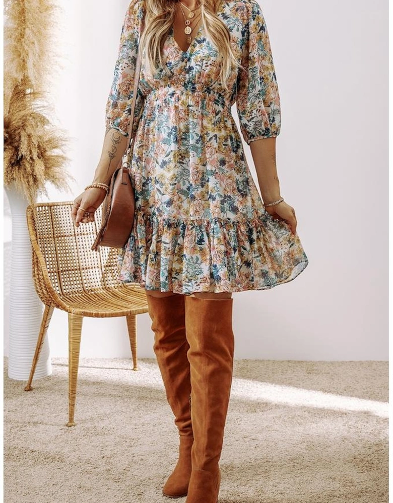 Sky Blue Floral 3/4 Sleeve V Neck High Waist Ruffled Dress