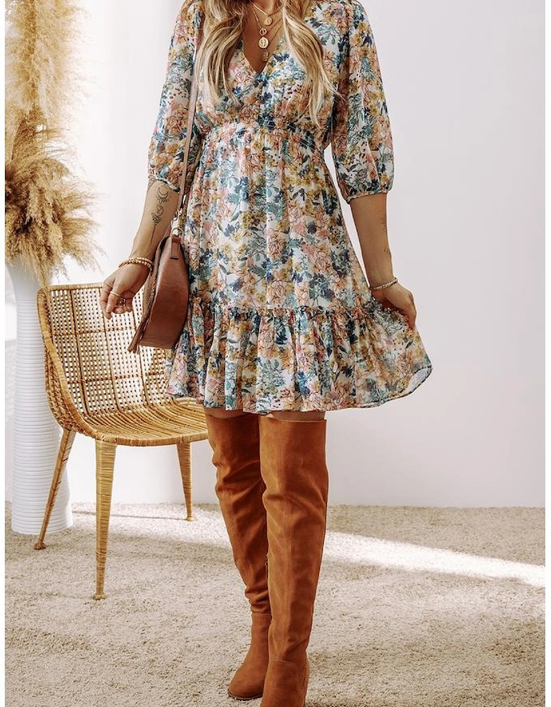 Sky Blue Floral 3/4 Sleeve V Neck High Waist Ruffled Dress