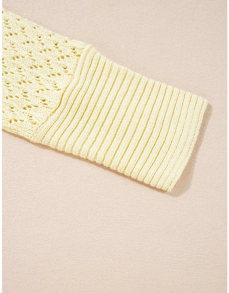 Yellow Cream Pointelle Knit Open Front Short Cardigan
