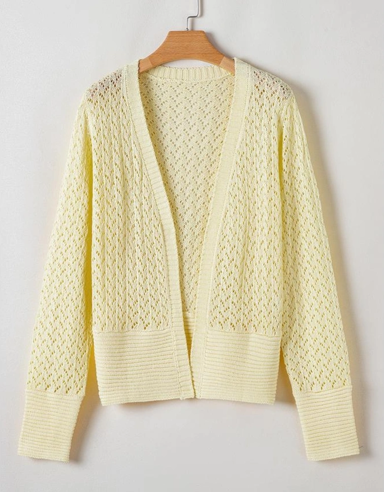 Yellow Cream Pointelle Knit Open Front Short Cardigan