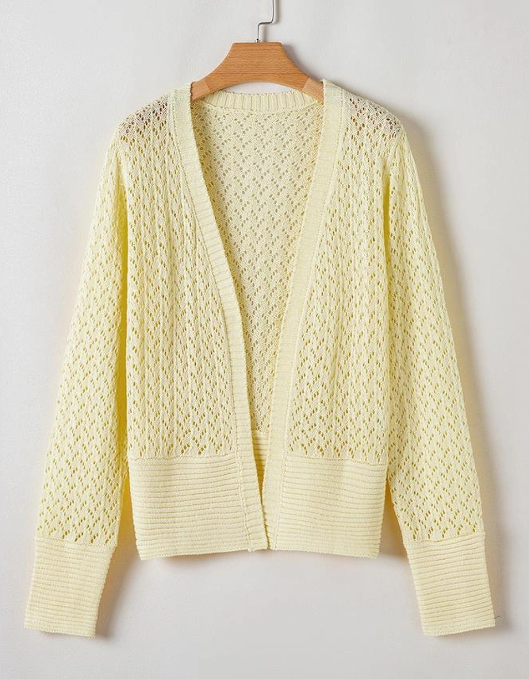 Yellow Cream Pointelle Knit Open Front Short Cardigan
