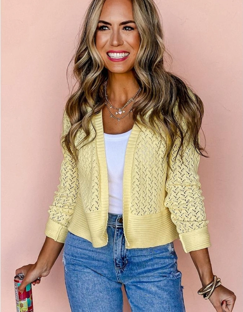 Yellow Cream Pointelle Knit Open Front Short Cardigan