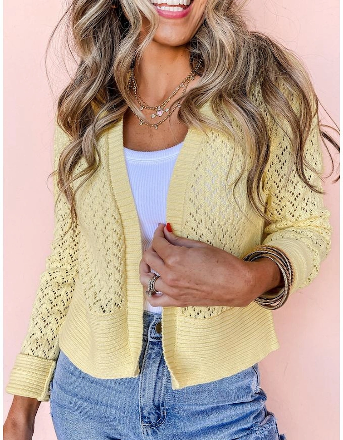 Yellow Cream Pointelle Knit Open Front Short Cardigan