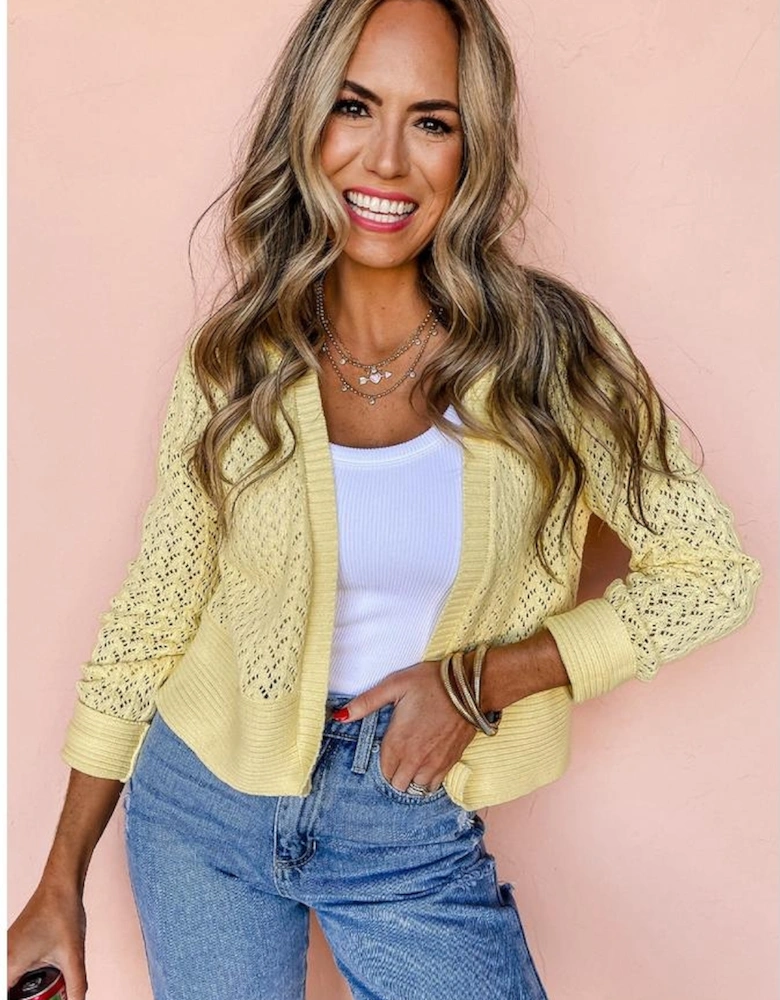 Yellow Cream Pointelle Knit Open Front Short Cardigan