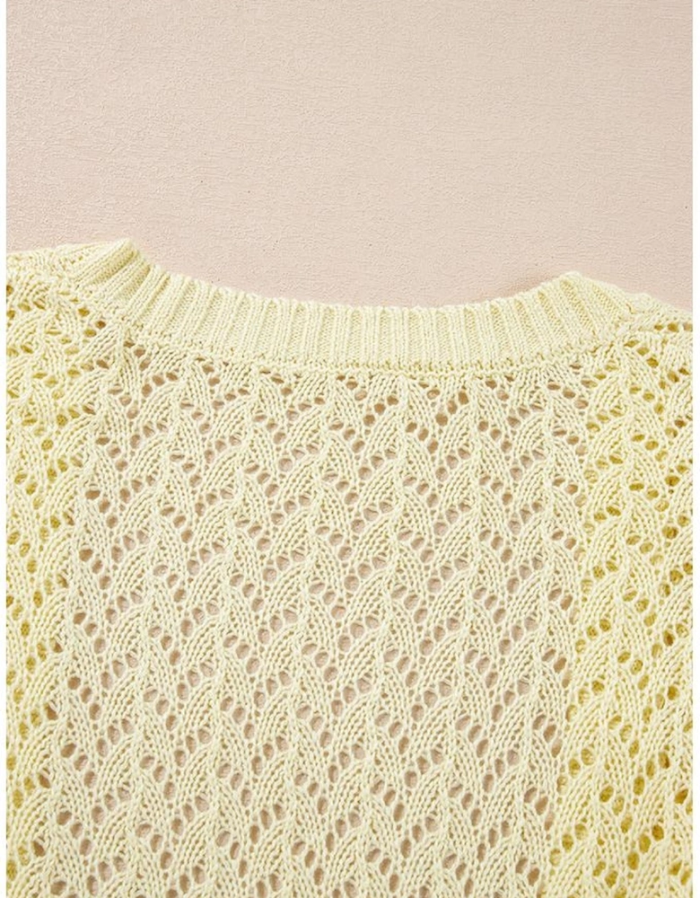 Yellow Cream Pointelle Knit Open Front Short Cardigan