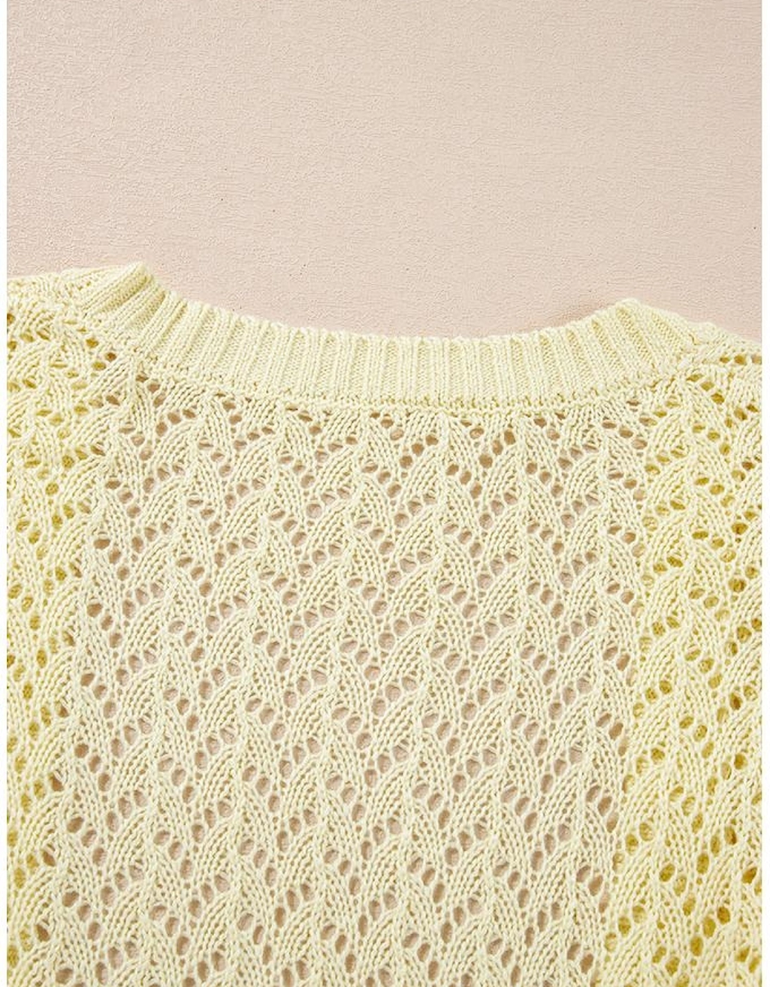 Yellow Cream Pointelle Knit Open Front Short Cardigan