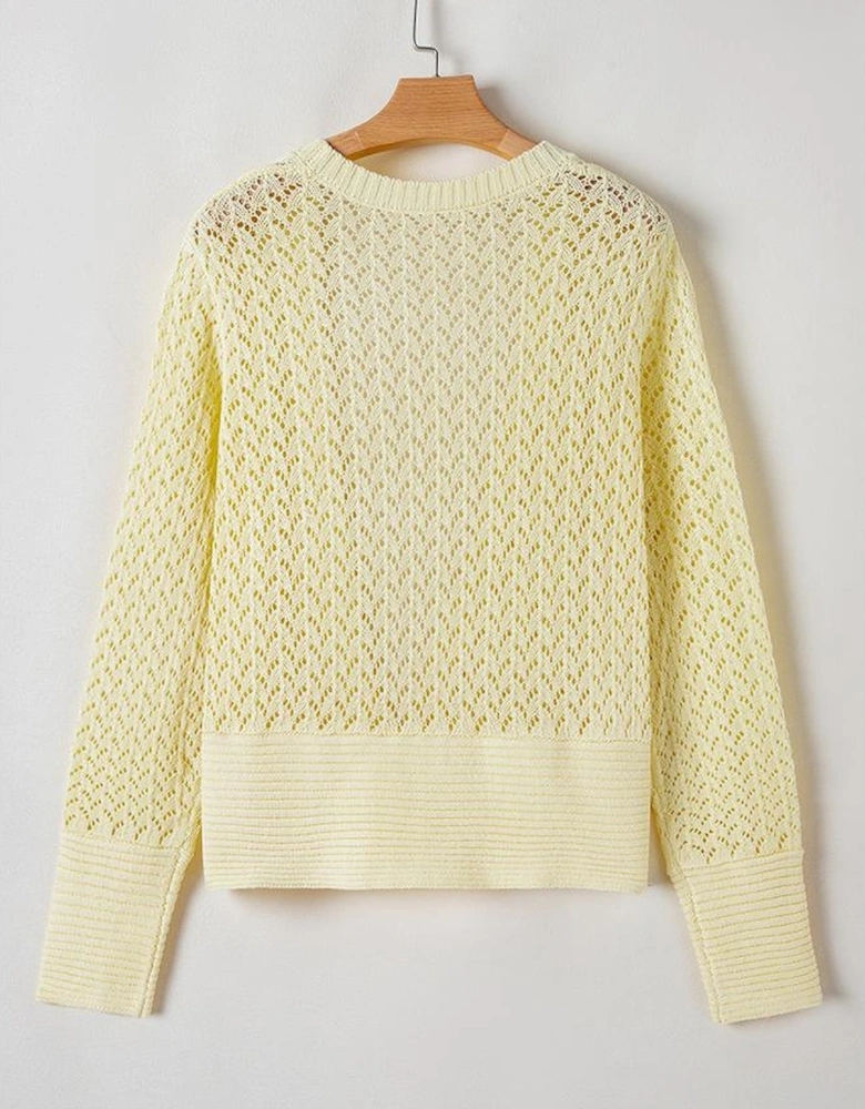 Yellow Cream Pointelle Knit Open Front Short Cardigan
