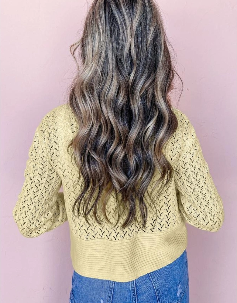 Yellow Cream Pointelle Knit Open Front Short Cardigan