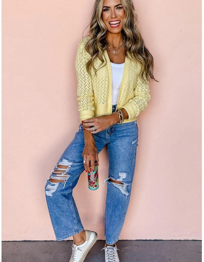 Yellow Cream Pointelle Knit Open Front Short Cardigan