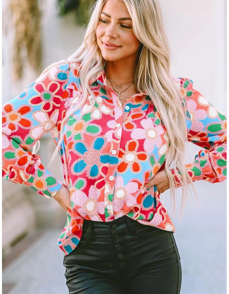 Multicolor Floral Print Bubble Sleeve Shirt