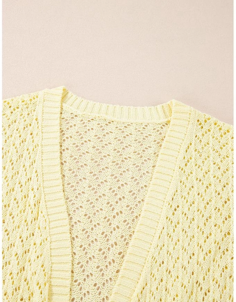Yellow Cream Pointelle Knit Open Front Short Cardigan