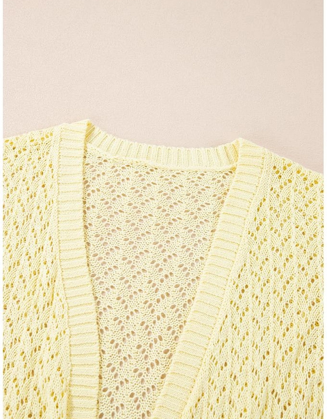 Yellow Cream Pointelle Knit Open Front Short Cardigan