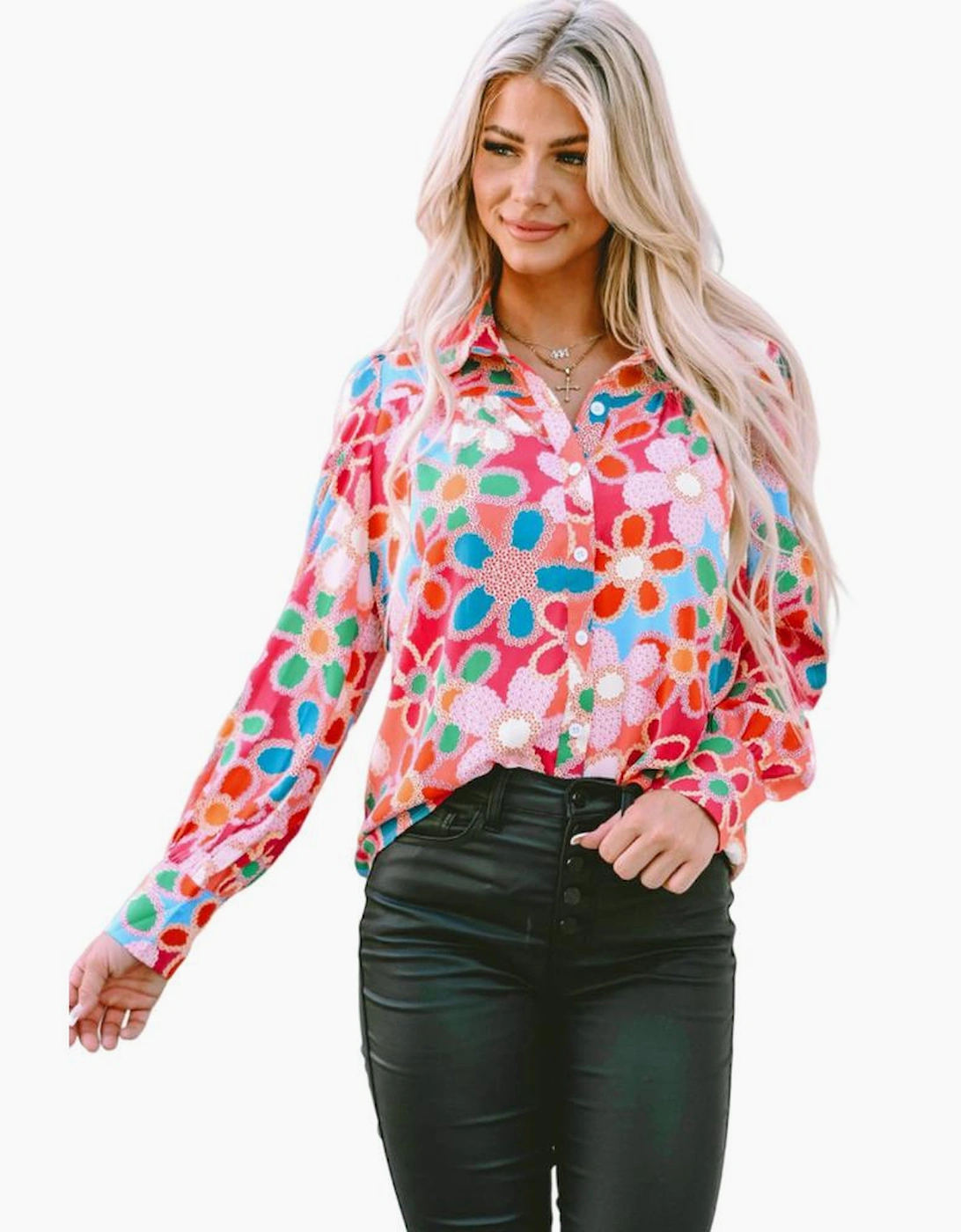 Multicolor Floral Print Bubble Sleeve Shirt