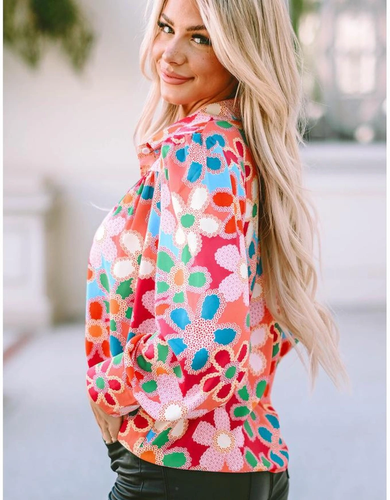 Multicolor Floral Print Bubble Sleeve Shirt
