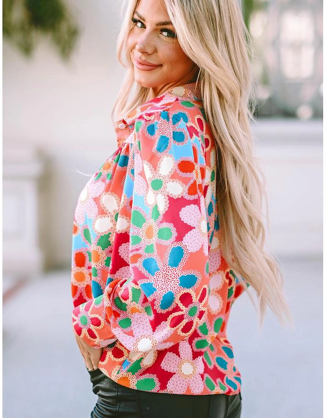 Multicolor Floral Print Bubble Sleeve Shirt
