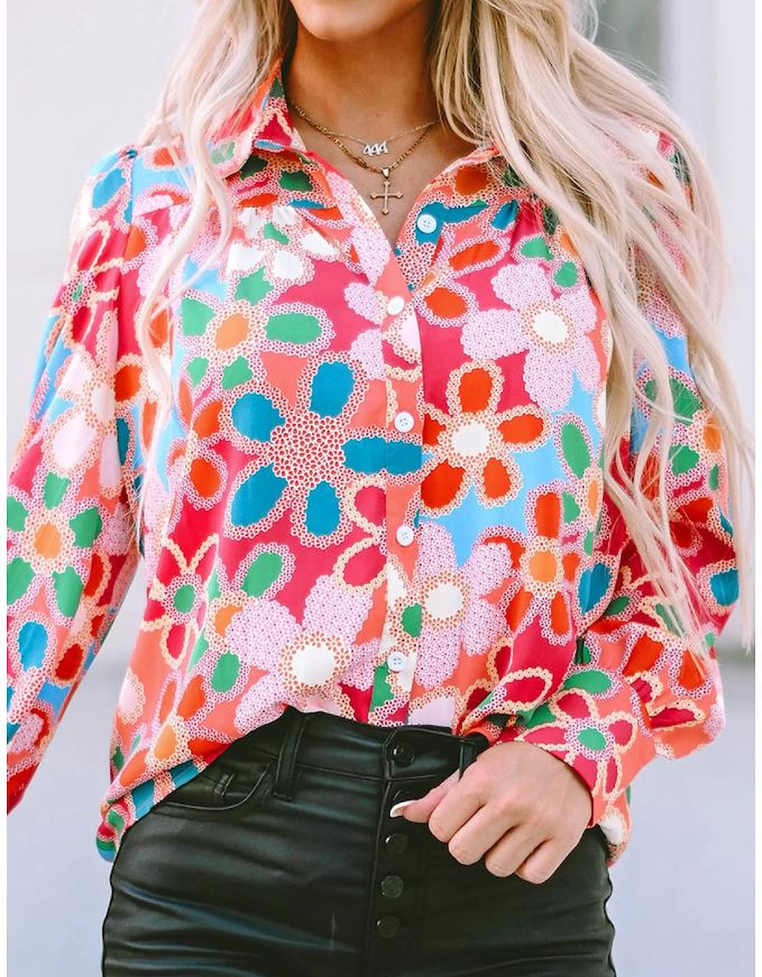 Multicolor Floral Print Bubble Sleeve Shirt