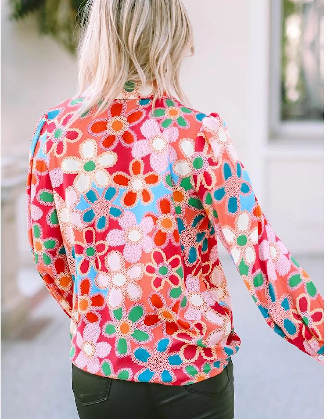Multicolor Floral Print Bubble Sleeve Shirt