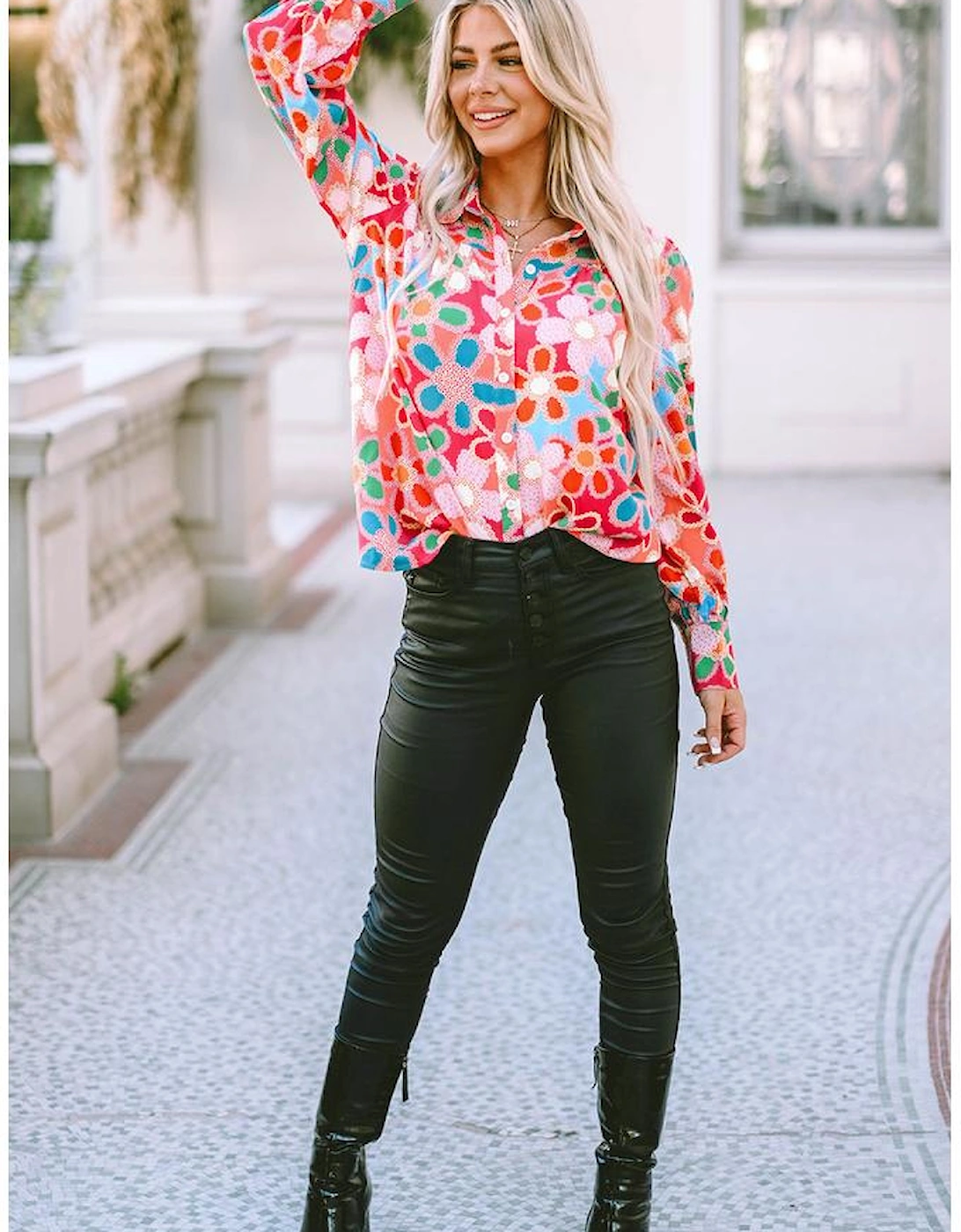 Multicolor Floral Print Bubble Sleeve Shirt