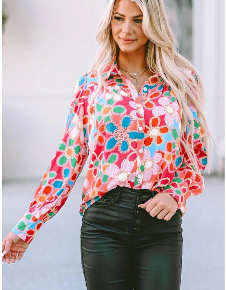 Multicolor Floral Print Bubble Sleeve Shirt