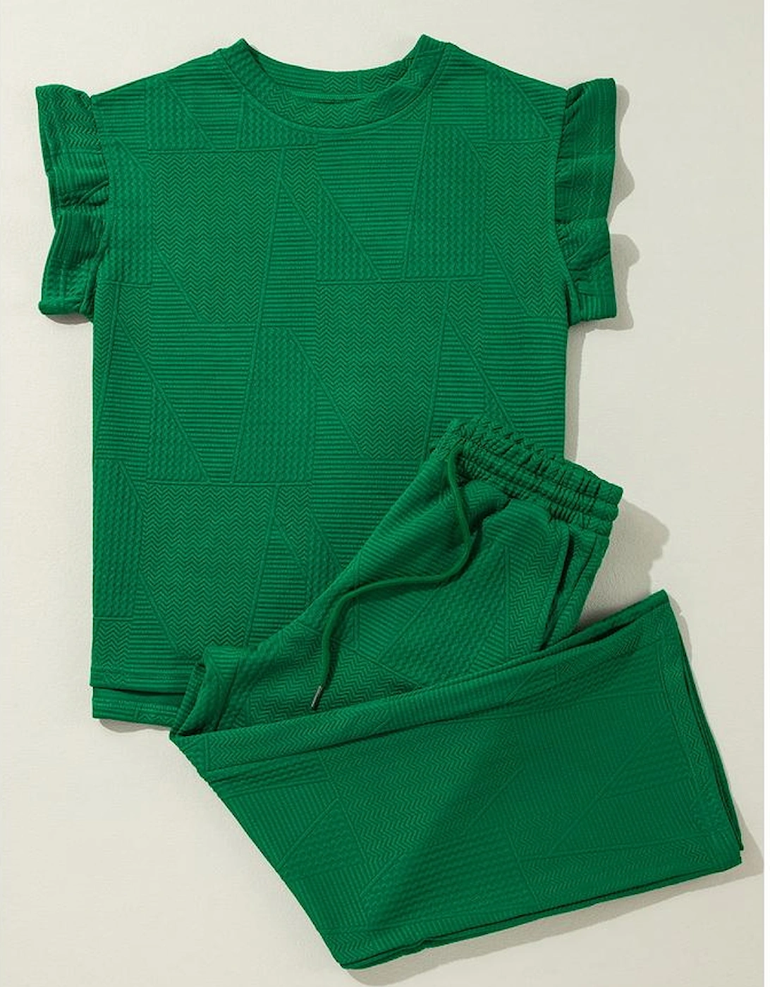 Dark Green Ruffled Sleeve Summer Top and Cropped Loose Pants Set