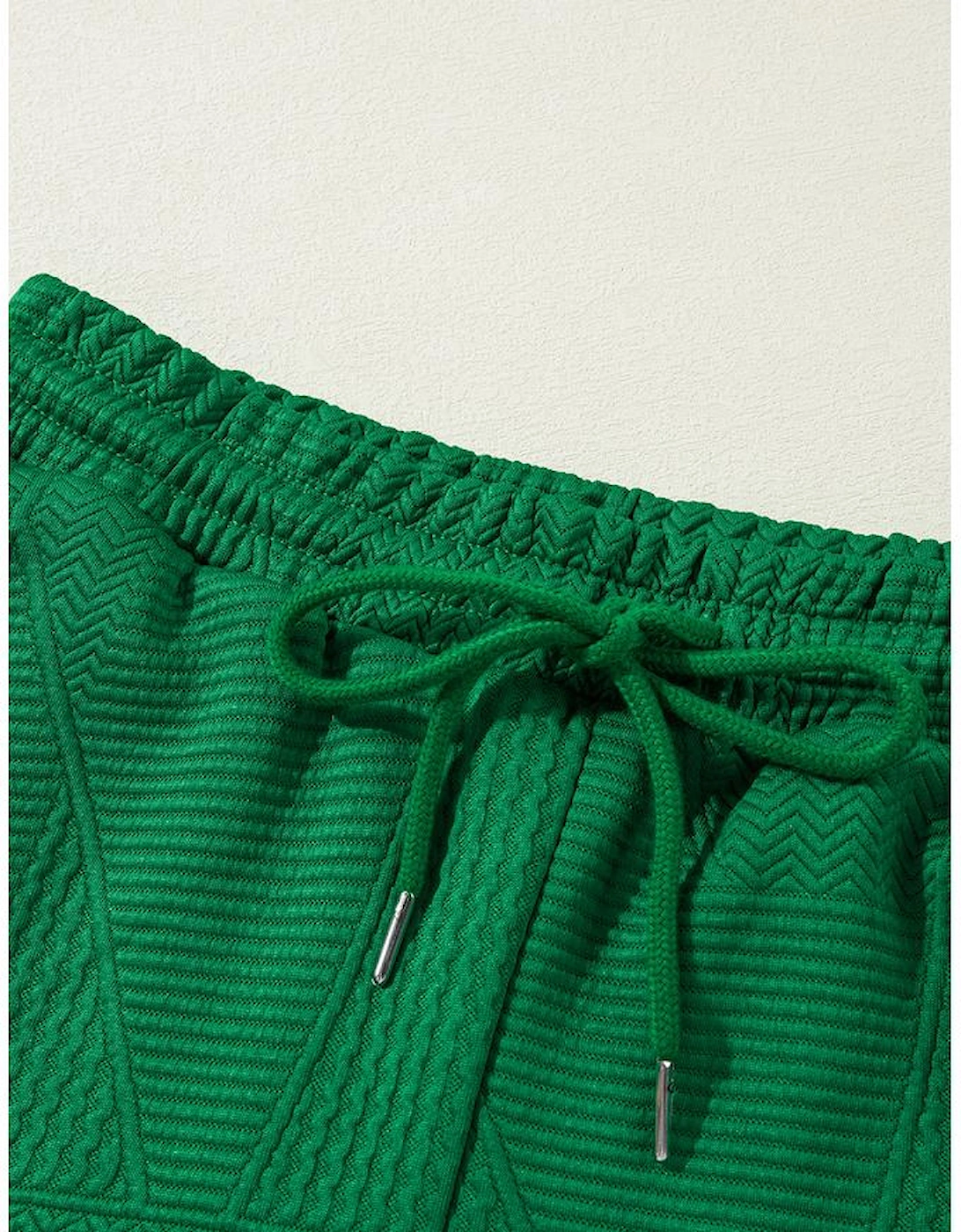 Dark Green Ruffled Sleeve Summer Top and Cropped Loose Pants Set