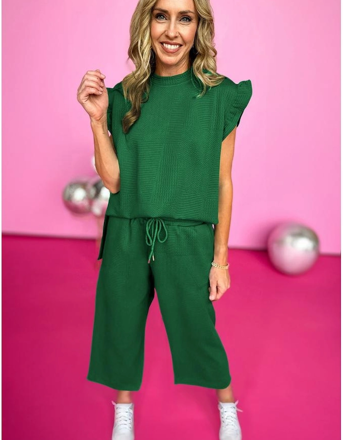 Dark Green Ruffled Sleeve Summer Top and Cropped Loose Pants Set, 10 of 9