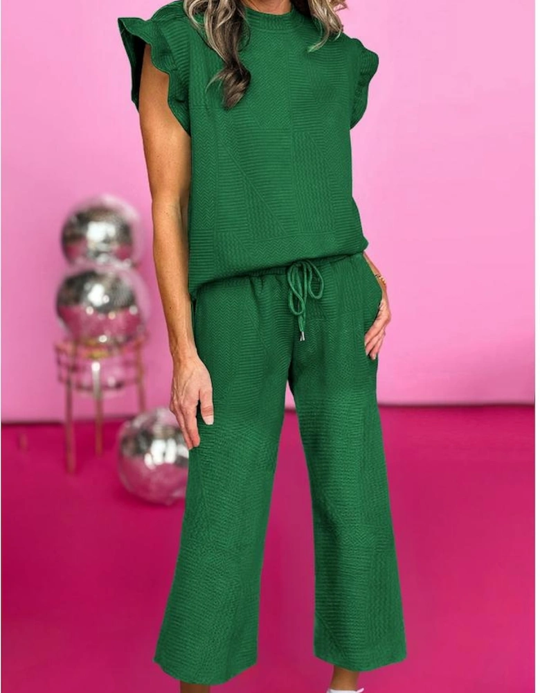Dark Green Ruffled Sleeve Summer Top and Cropped Loose Pants Set