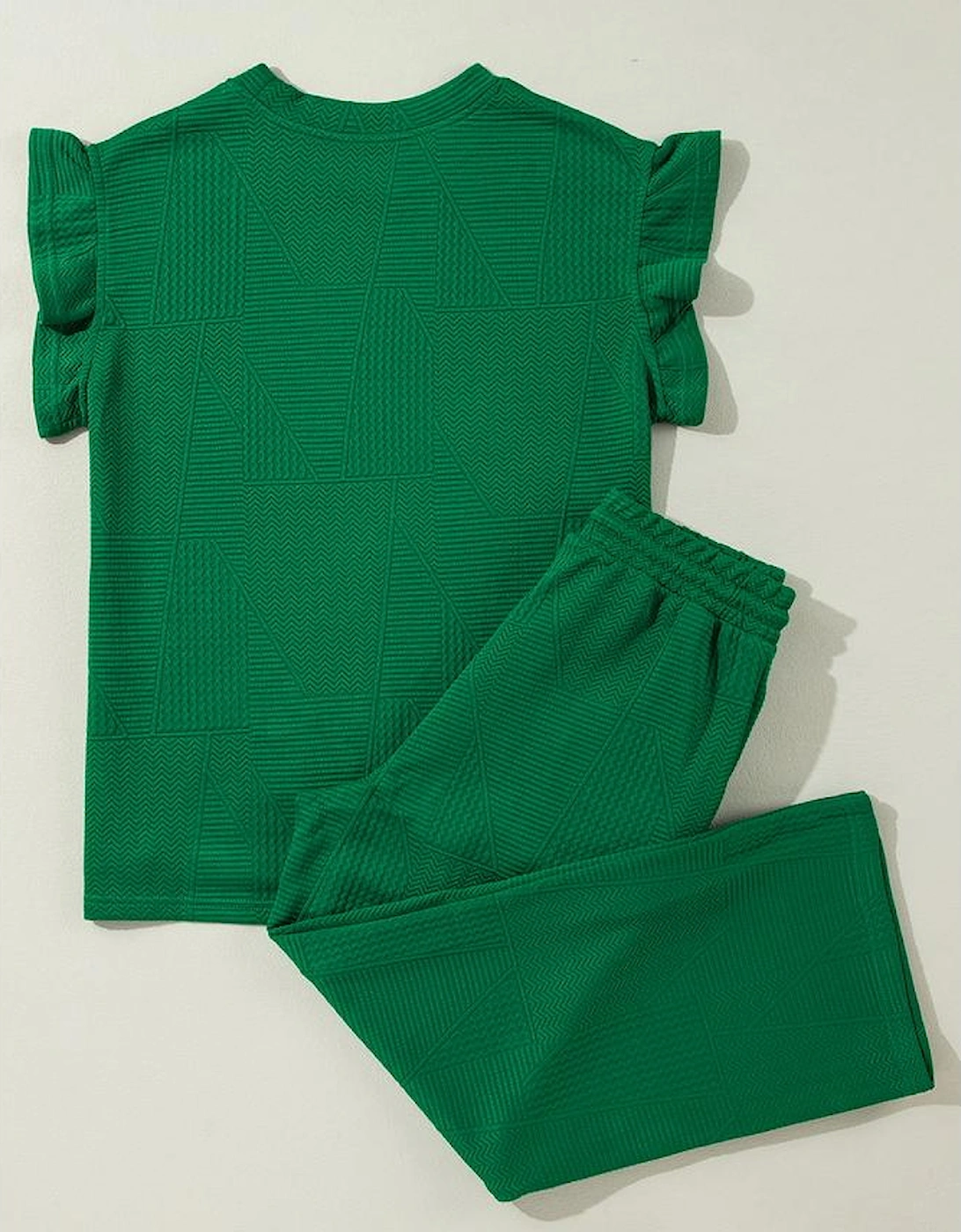 Dark Green Ruffled Sleeve Summer Top and Cropped Loose Pants Set