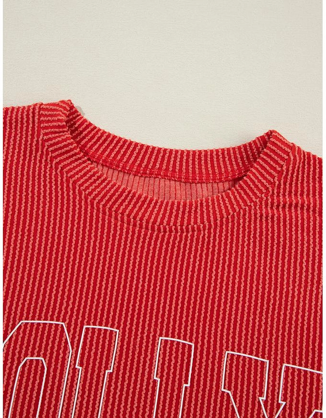 Fiery Red JOLLY Corded Long Sleeve Top and Pockets Pants Set