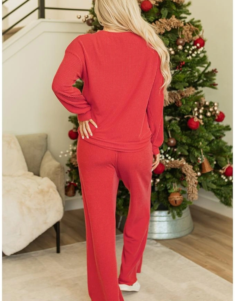 Fiery Red JOLLY Corded Long Sleeve Top and Pockets Pants Set