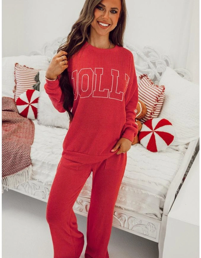Fiery Red JOLLY Corded Long Sleeve Top and Pockets Pants Set