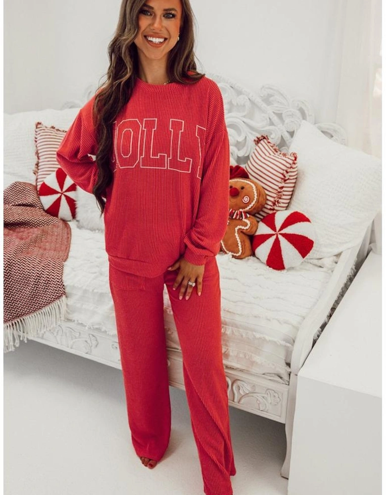 Fiery Red JOLLY Corded Long Sleeve Top and Pockets Pants Set