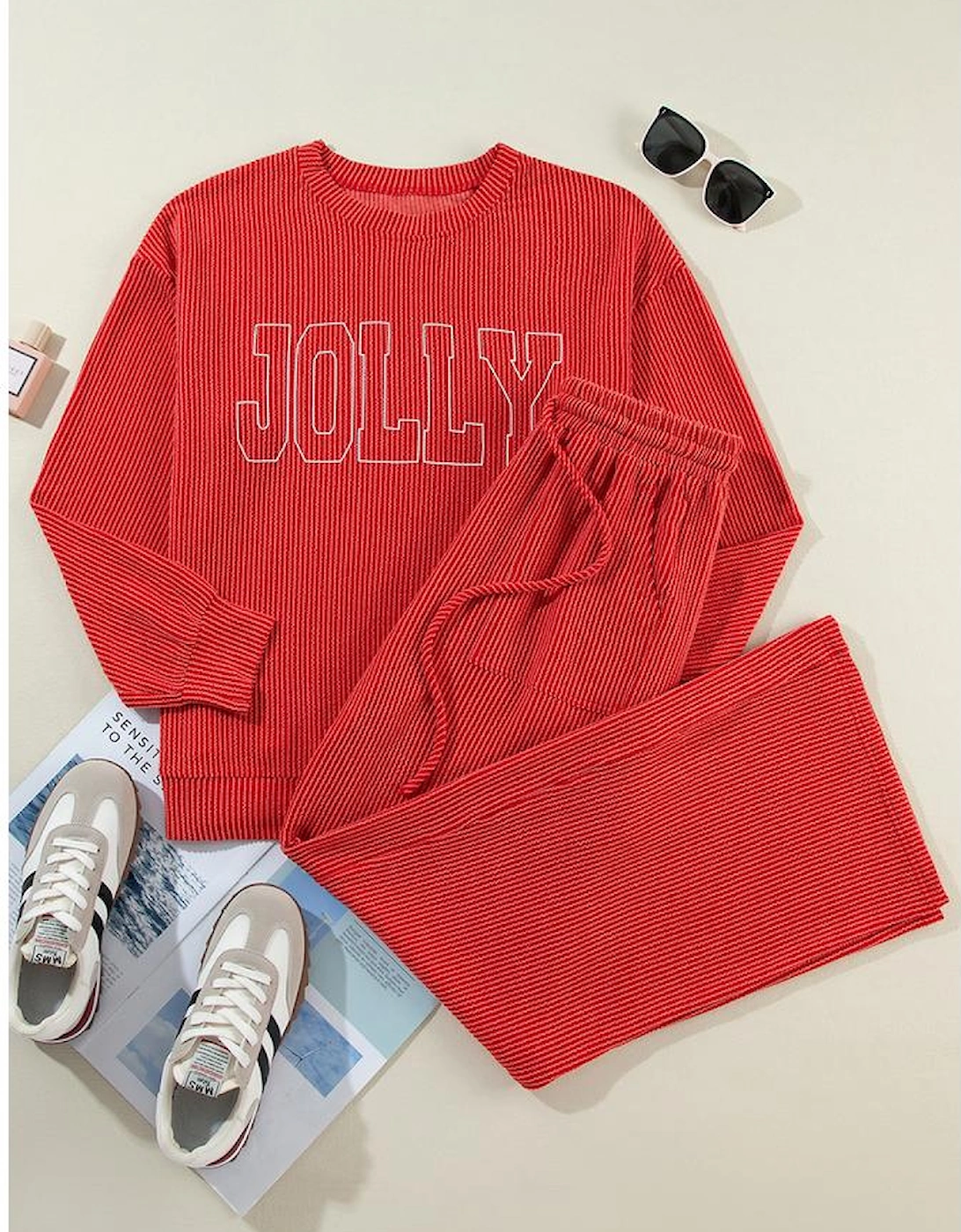 Fiery Red JOLLY Corded Long Sleeve Top and Pockets Pants Set