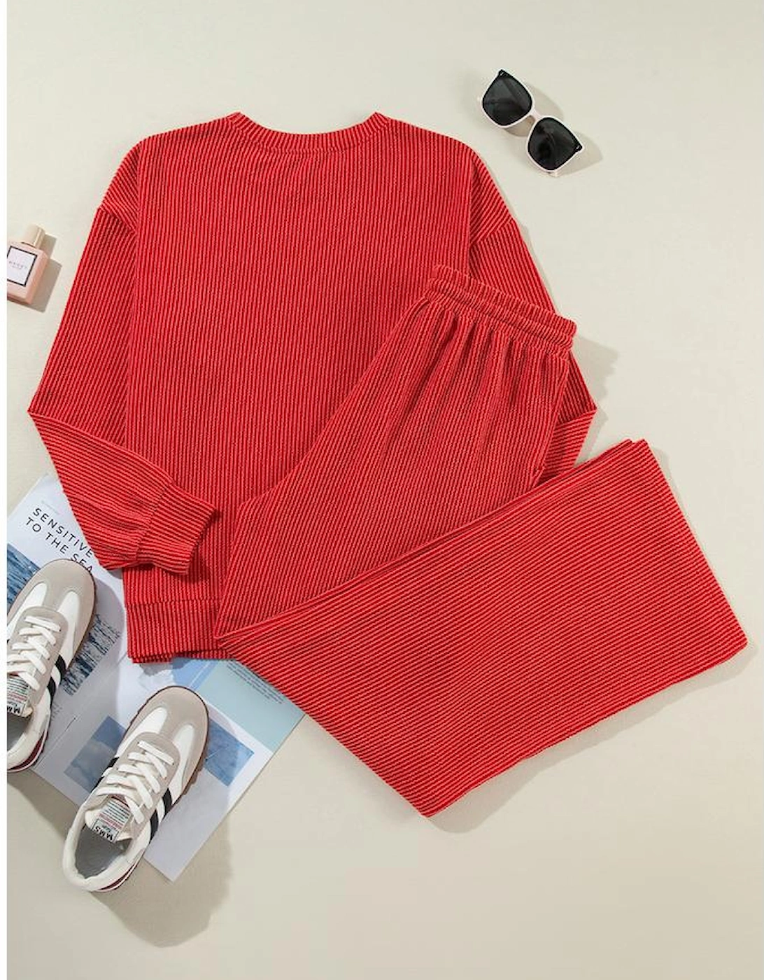 Fiery Red JOLLY Corded Long Sleeve Top and Pockets Pants Set