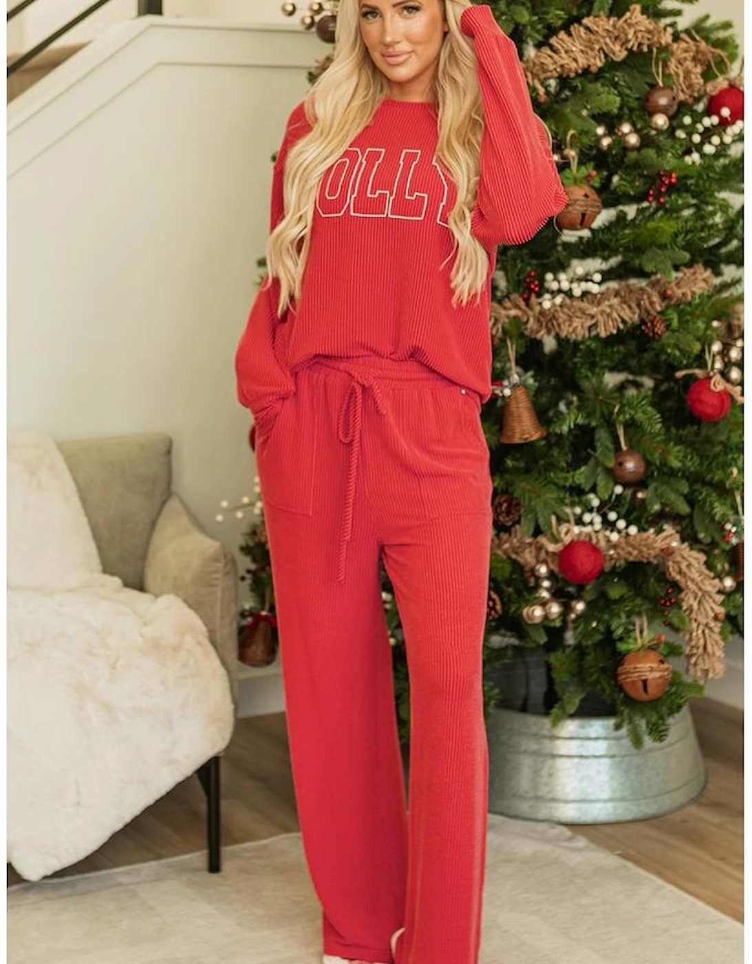 Fiery Red JOLLY Corded Long Sleeve Top and Pockets Pants Set