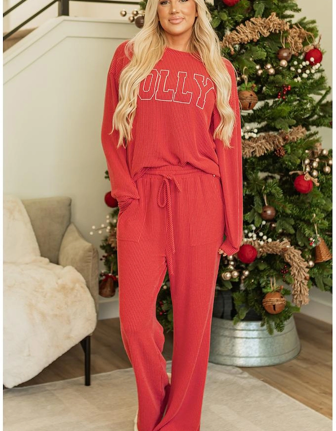 Fiery Red JOLLY Corded Long Sleeve Top and Pockets Pants Set