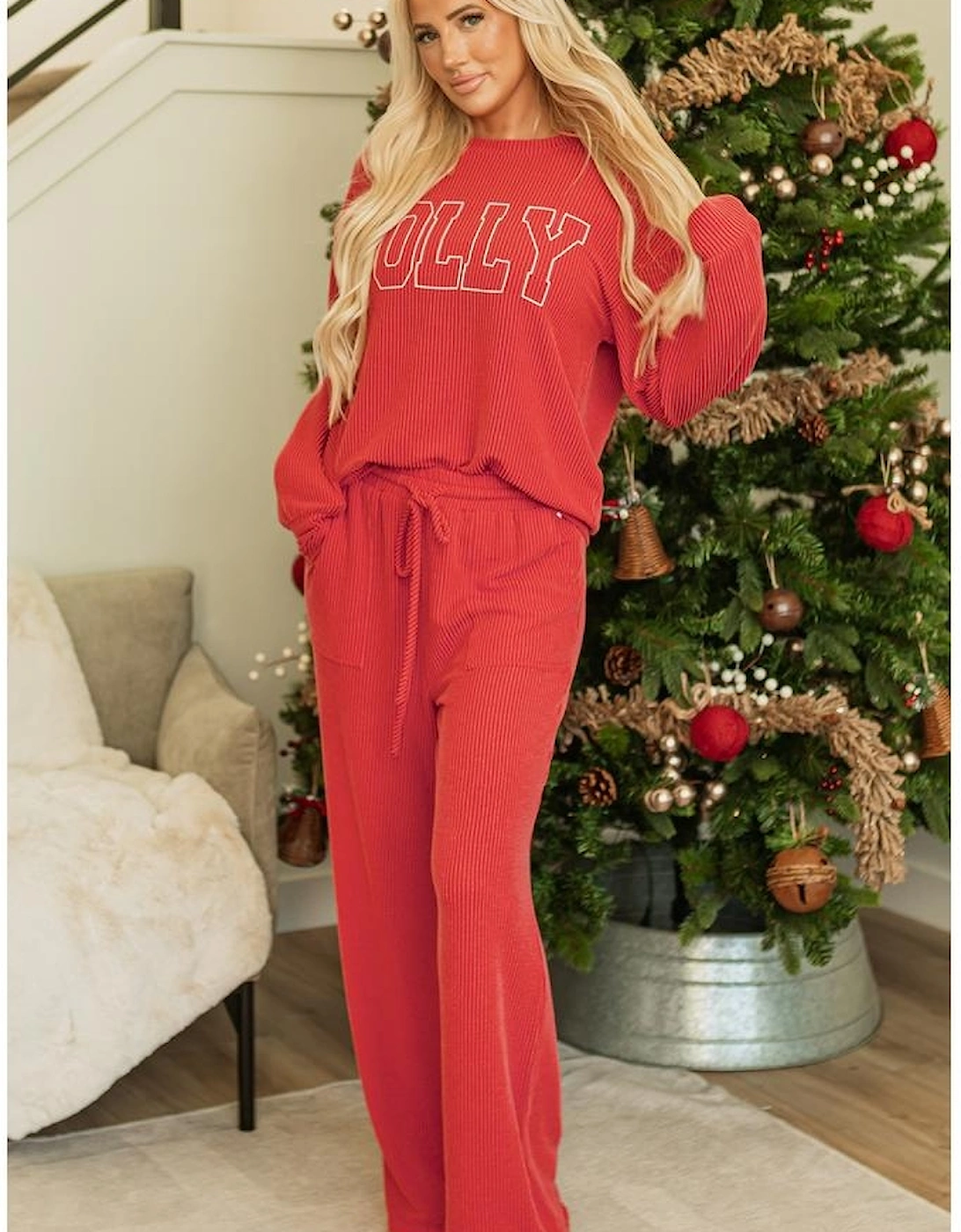 Fiery Red JOLLY Corded Long Sleeve Top and Pockets Pants Set