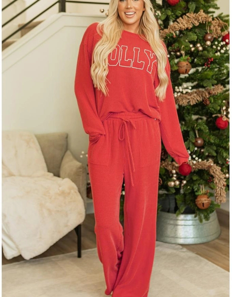Fiery Red JOLLY Corded Long Sleeve Top and Pockets Pants Set