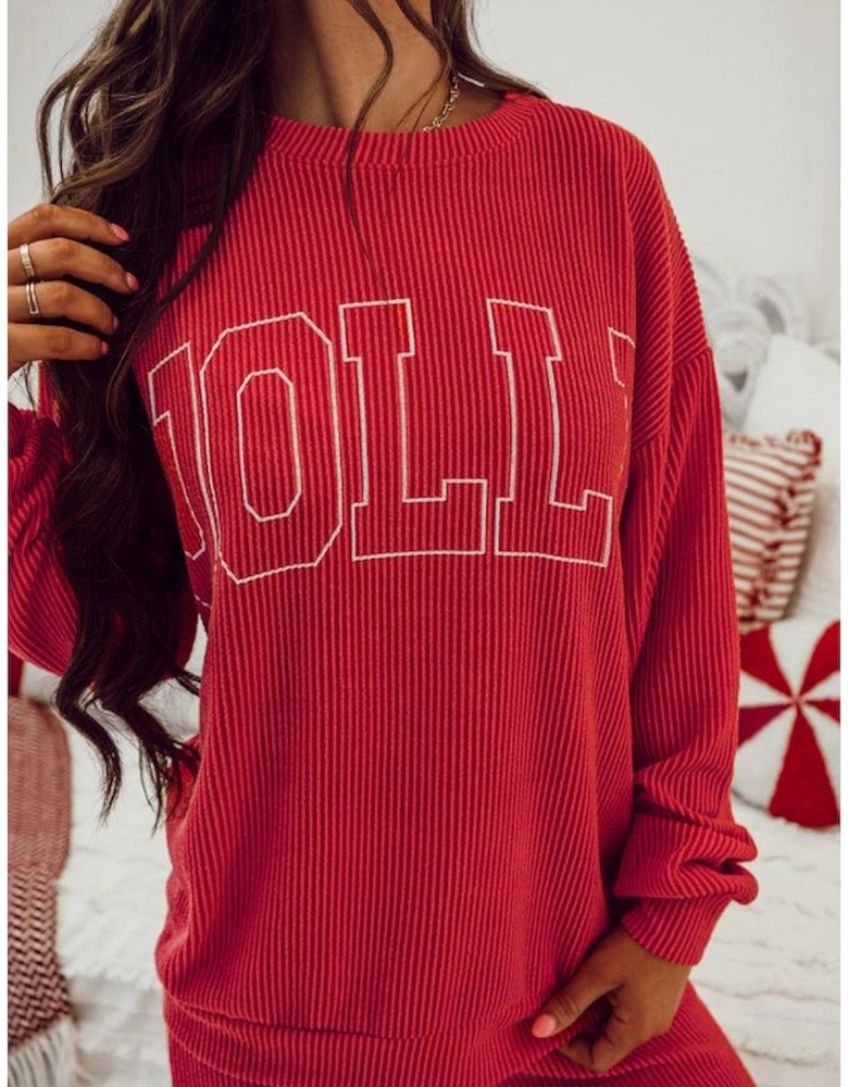 Fiery Red JOLLY Corded Long Sleeve Top and Pockets Pants Set