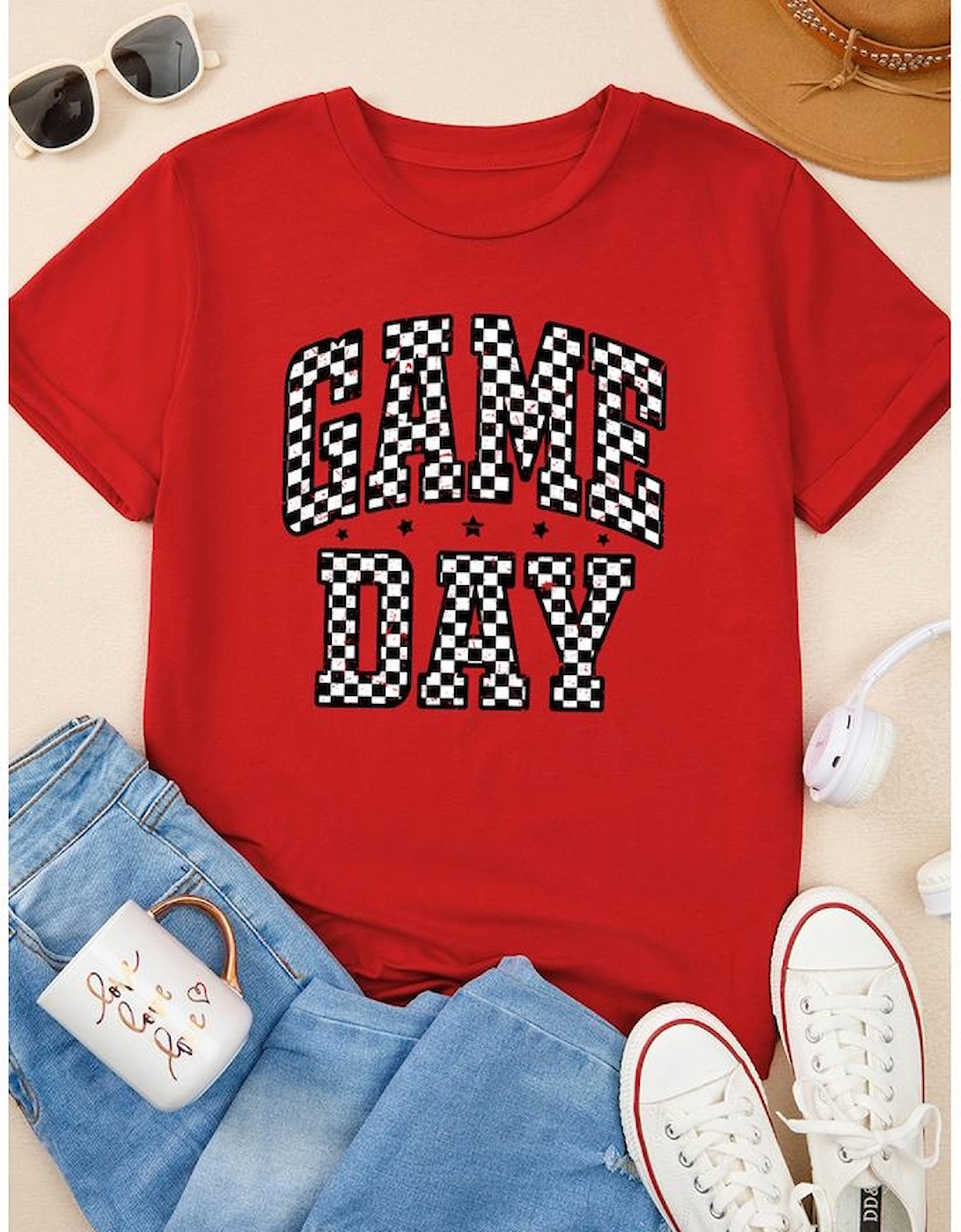 Red Checkered Game Day Graphic T Shirt