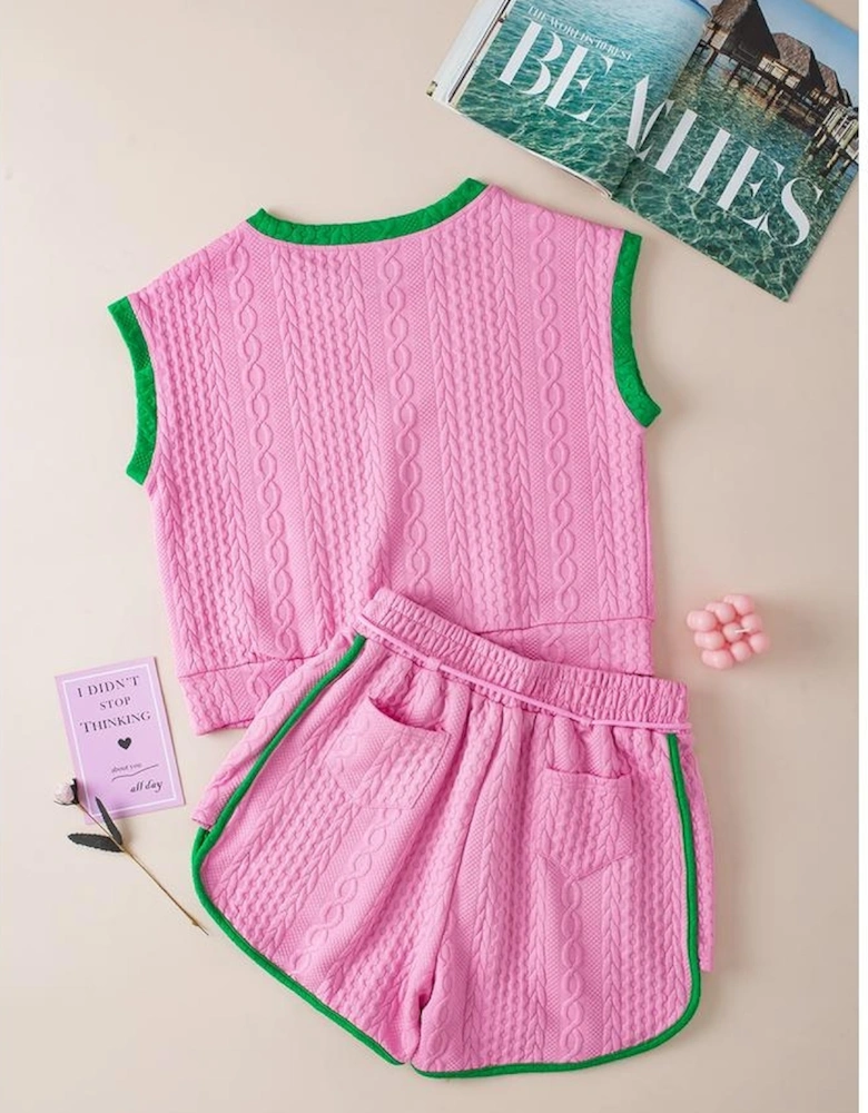 Pink Contrast Trim Cable Textured Shorts Set