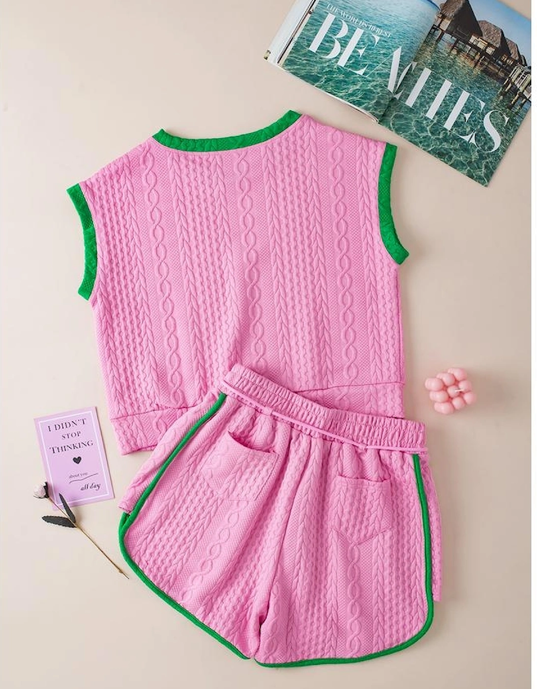 Pink Contrast Trim Cable Textured Shorts Set